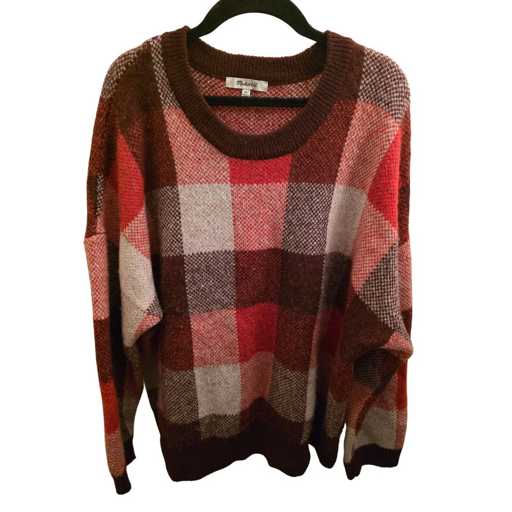 Madewell Women's XL‎ Plaid Checkered Knit Sweater Oversized Brown Red Cozy